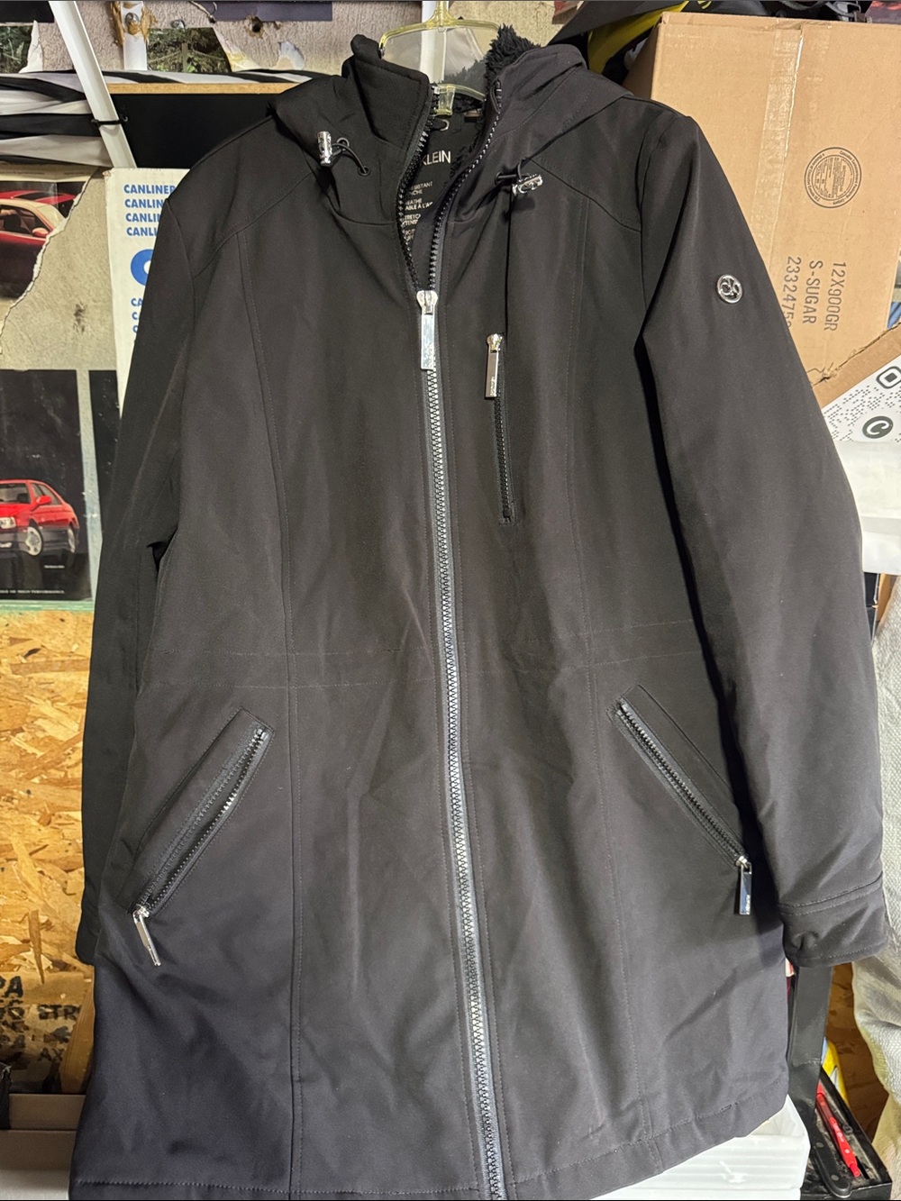 Calvin Klein Black Hooded Trench Coat with Silver Zippers